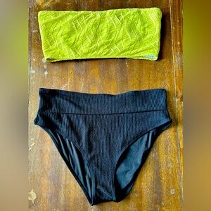 SHEIN Ribbed Neon Green Tube Top and Ribbed Black Bottom Bikini Set